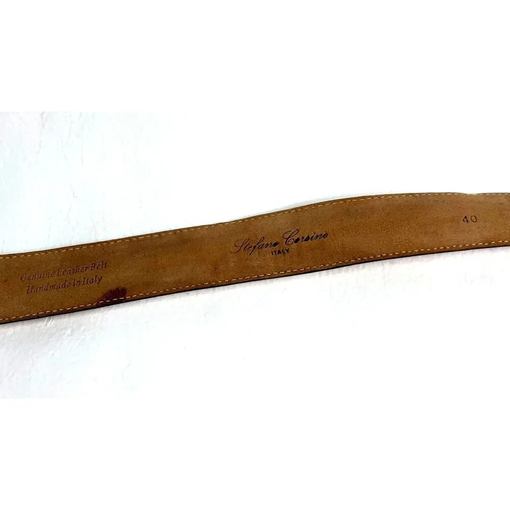 Stefano Corsini Handmade in Italy Leather Belt Brown with Flags in Middle 40